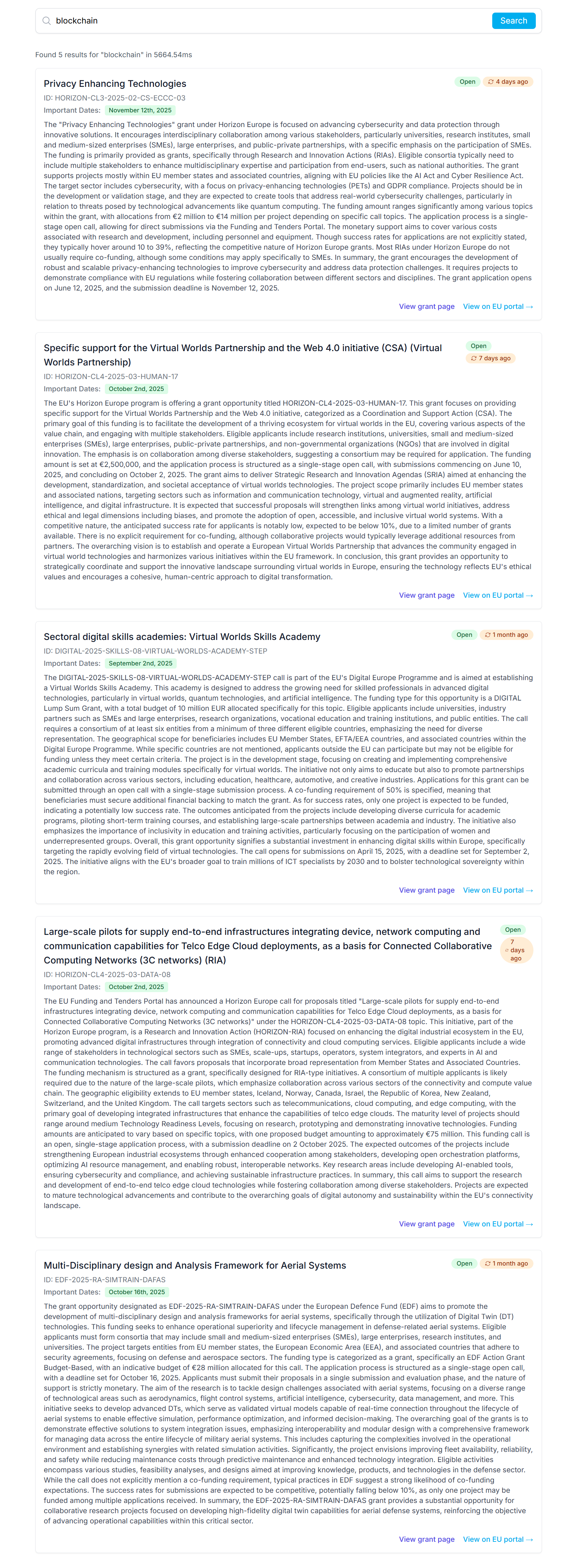 Subsdy search interface showing blockchain grant opportunities